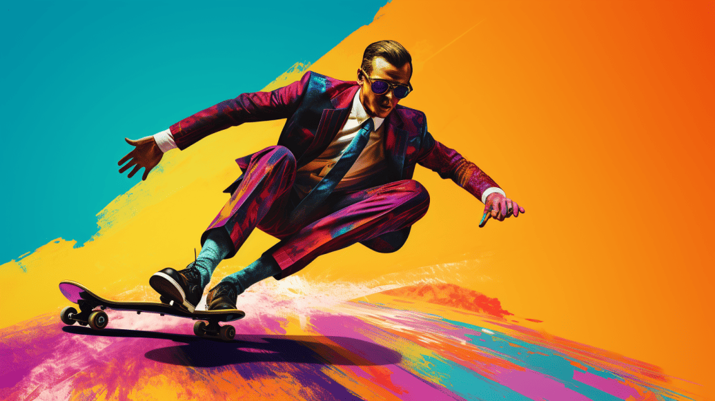 Businessman in a colorful suit on a skateboard
