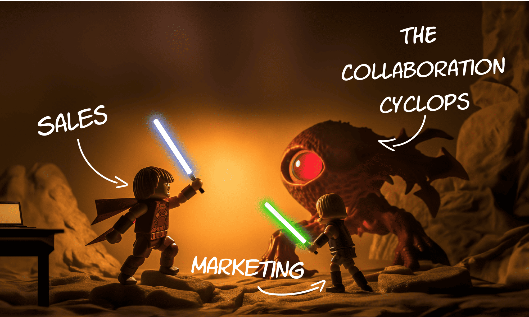 Two Playmobile figures, labelled sales and marketing, with lightsabers fighting a cyclops monster labelled "The Collaboration Cyclops"