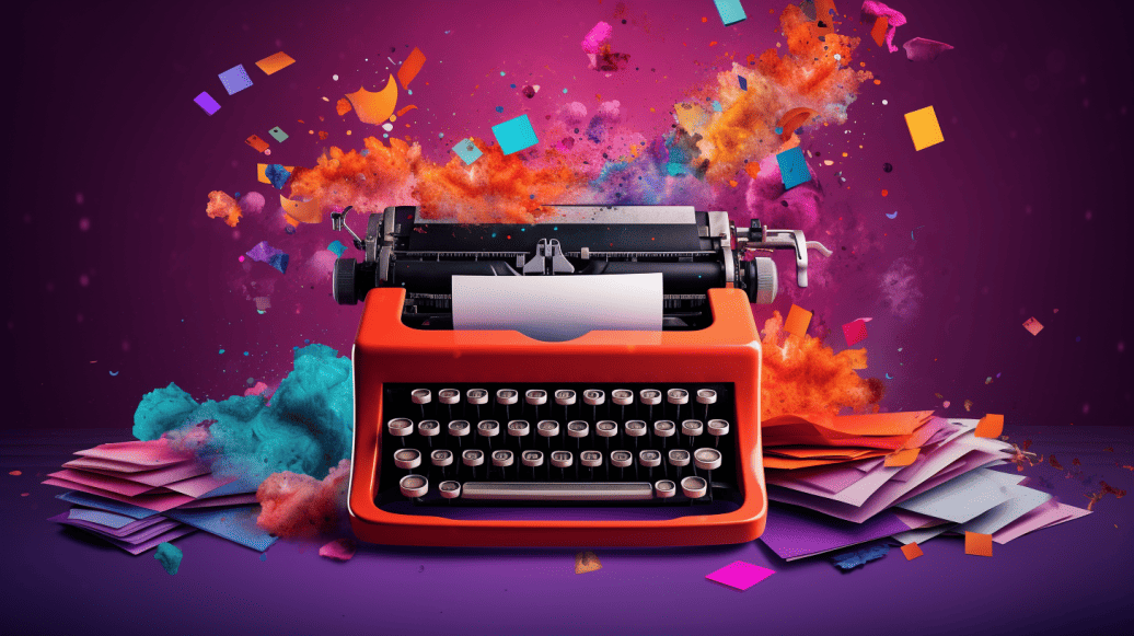 a red typewriter on a purple background surrounded by colourful paper and smoke