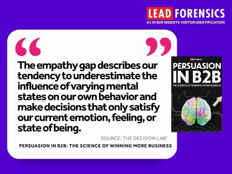 quote reads: The empathy gap describes our tendency to underestimate the influence of varying mental states on our own behavior and make decisions that only satisfy our current emotion, feeling, or state of being.