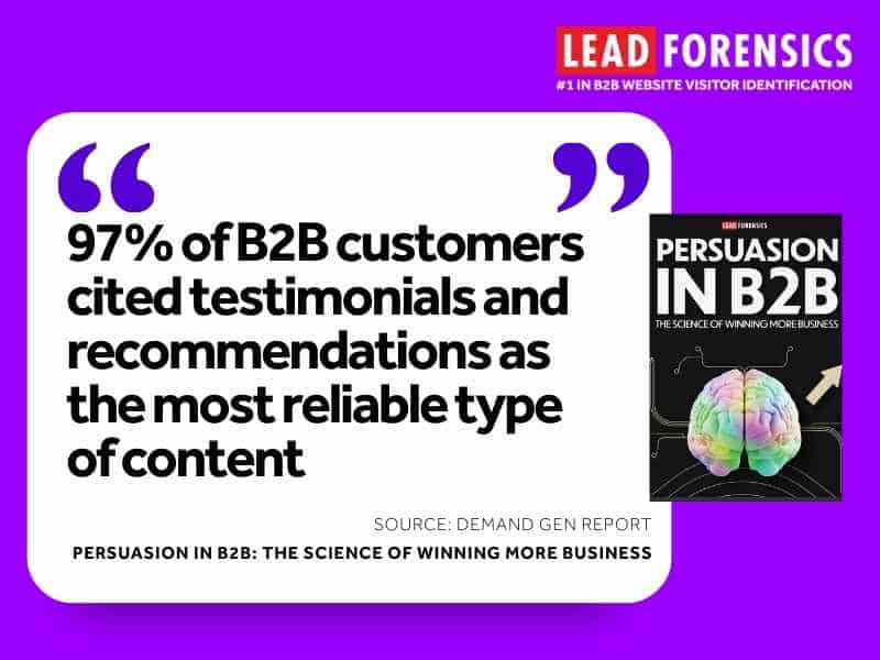 quote reads: 97% of B2B customers cited testimonials and recommendations as the most reliable type of content